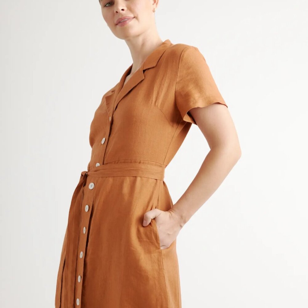 Quince Brown 100% European Linen Button Front Dress